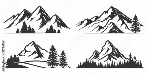 Four distinct black and white illustrations of majestic mountains with trees Vector