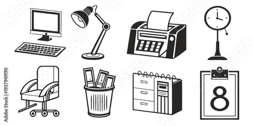 A collection of office equipment and supplies arranged neatly on a desk Vector