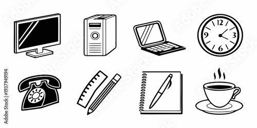 A collection of various office tools and devices used for work and productivity Vector