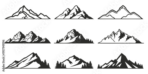 A collection of various mountain silhouettes showcasing different peak formations and shapes Vector