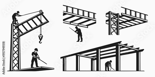 A series of images depicting a man falling from various types of ladders. Vector