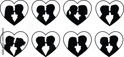 Silhouette illustration of couples kissing inside heart shapes, symbolizing romance, love, affection, and relationships, perfect for Valentine’s Day and romantic design projects
