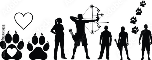 Archery hunter silhouettes with bow arrow, dog paw heart prints vector, outdoor hunting sport illustration bundle