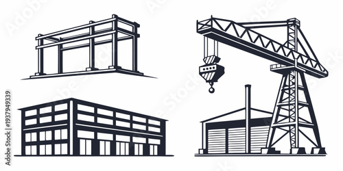 A construction site featuring a crane, buildings, and a worker Vector