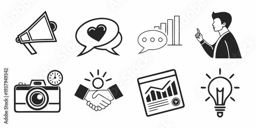 Icons representing various forms of communication and social media interactions Vector