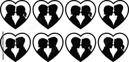 Romantic couple silhouette set featuring eight heart-shaped designs with pairs facing each other, perfect for love, Valentine’s Day, wedding, and decorative projects