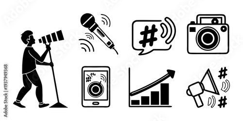A collection of icons representing various aspects of social media and digital communication Vector