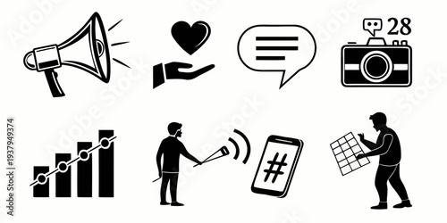 Icons representing various aspects of social media and communication Vector