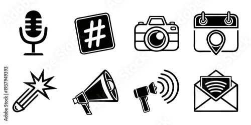 Icons representing various communication and media tools and platforms Vector
