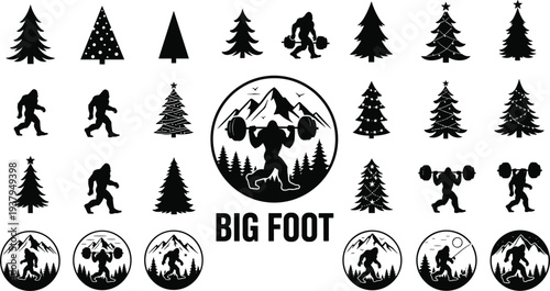Bigfoot weightlifting silhouette vector bundle, Sasquatch gym logo with pine trees, mountain wilderness fitness illustration collection set