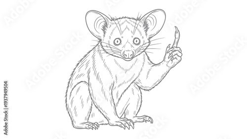 Detailed Sketch of a Bushbaby: An intricate grayscale sketch showcases the unique features of a bushbaby, highlighting its large eyes, delicate ears, and inquisitive gaze. 