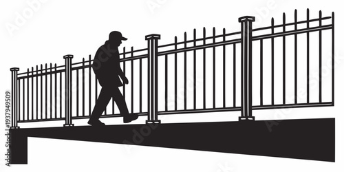 A silhouette of a person walking on a bridge with a metal railing Vector