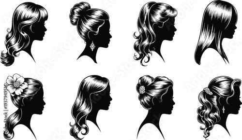 Silhouette illustration of female profiles with diverse hairstyles including ponytails, buns, curls, and waves, ideal for fashion, beauty, and hairstyling design projects