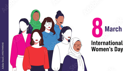 International Women’s Day March 8 Illustration with Diverse Women Group, Female Empowerment, Equality and Diversity Celebration Concept