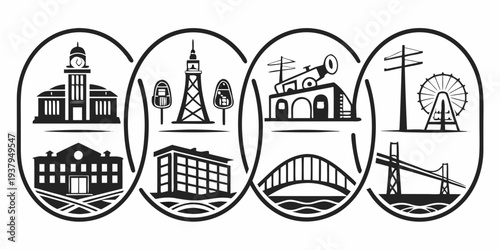 Iconic landmarks and structures from around the world depicted in a circular format. Vector