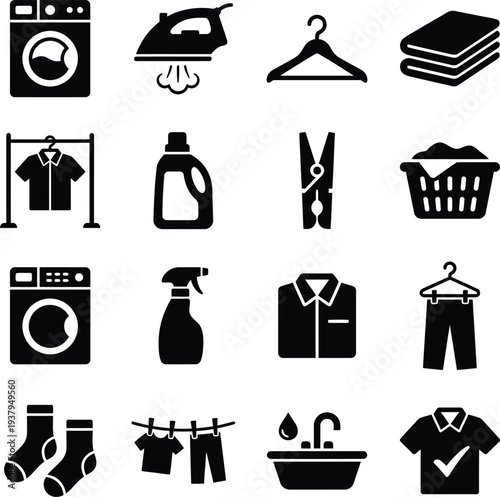 Laundry Solid Icon Set Vector Cleaning Washing Machine Clothes Drying Hanger Towel Fold Ironing Detergent Black Illustration Isolated