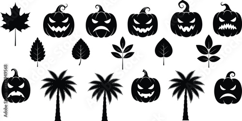 Halloween pumpkin faces and autumn leaves silhouettes vector bundle, spooky jack o lantern fall nature clipart set