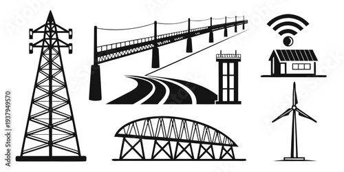 Diverse infrastructure including a radio tower, bridge, and wind turbines Vector
