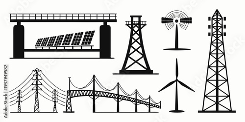 Diverse collection of power transmission infrastructure and renewable energy sources Vector