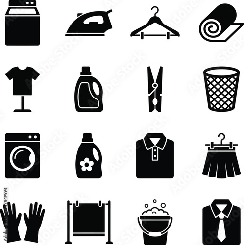 Laundry Care Solid Icon Set Vector Washing Drying Folding Ironing Hanger Rack Towel Clothes Cleaning Black Figure Isolated 