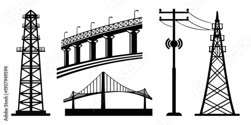 Diverse industrial structures including a bridge, power lines, and radio towers Vector
