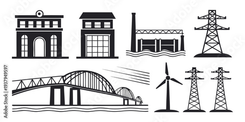 A collection of various industrial and infrastructure icons including buildings and power lines. Vector