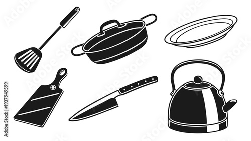A variety of kitchen utensils and appliances arranged in a circle. Vector