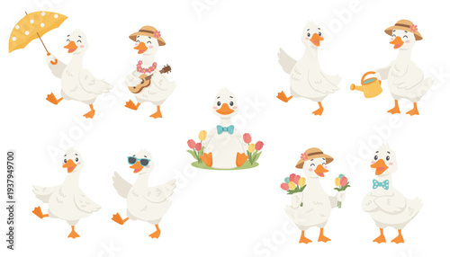 Cute goose cartoon character set with different activities and emotions. Funny farm bird illustrations isolated on white background. Perfect for children design, stickers, nursery prints and education