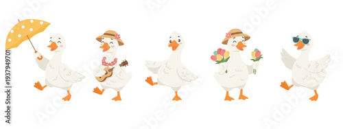 Cute goose cartoon character set with different activities and emotions. Funny farm bird illustrations isolated on white background. Perfect for children design, stickers, nursery prints and education