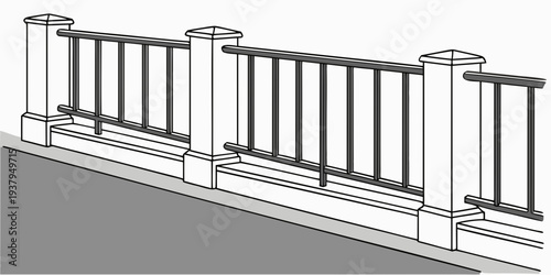 A white metal fence with horizontal bars and vertical supports. Vector
