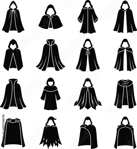 Fantasy Cloak Hood Cape Silhouette Vector Set Collection Medieval Costume Character Design Game Icon Wizard Robe Black Illustration Isolated