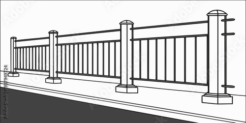 A long row of metal railings with concrete posts on a pavement Vector