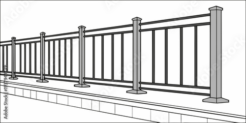 A detailed illustration of a metal fence with horizontal bars and vertical posts Vector