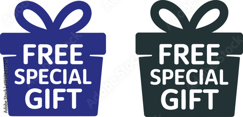 Set of two free gift box icons, one dark blue and one dark gray, with the text 'FREE SPECIAL GIFT' on them