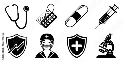 Medical icons representing various aspects of healthcare and protection Vector
