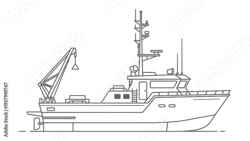 Ocean-Going Vessel: A precisely detailed line drawing captures the essence of a robust ocean-going vessel, with its intricate structure and essential equipment meticulously outlined.