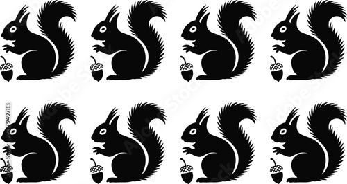 Silhouette illustration of squirrels with acorns arranged in pattern, showcasing wildlife, nature, and playful animal design elements for creative projects and backgrounds