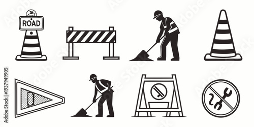 Various construction and road work warning signs and symbols Vector