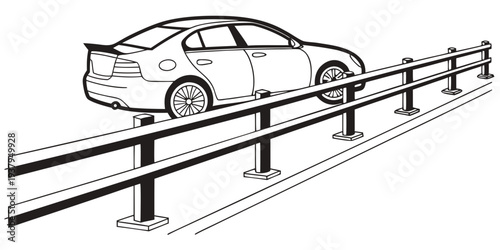 A car is driving on a bridge with railings on both sides. Vector