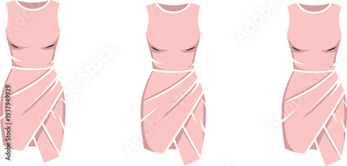 Stylized illustration of sleeveless pink dresses with wrap-style skirts, showcasing variations in draping and folds for fashion design, garment construction, and creative projects