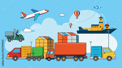 Transport scene with vehicles and cargo in a clear blue sky