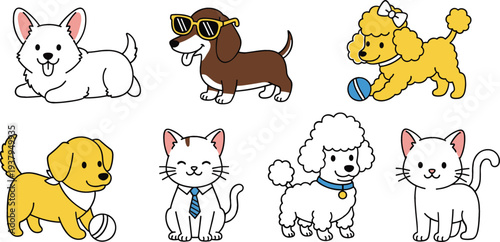Cute Pet Animals Cartoon Set with Dogs and Cats Playing with Ball, Adorable Puppy and Kitten Character Collection for Pet Lovers