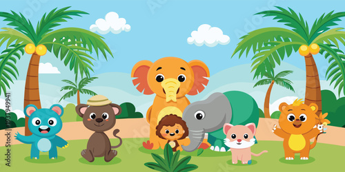 Cute animals gather in a jungle setting with trees and a clear sky