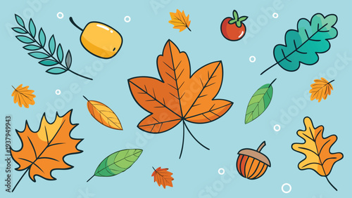Colorful vector illustration displaying leaves and fruits in autumn setting