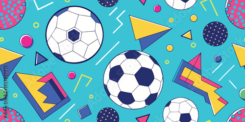 Several soccer balls and colorful geometric shapes
