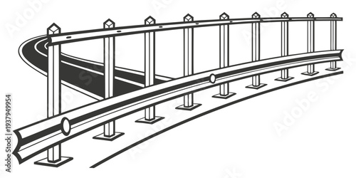 A detailed illustration of a curved railway track with a train approaching a bend Vector