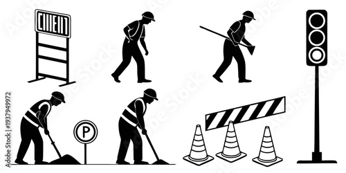 A series of icons depicting a construction site and workers performing various tasks Vector