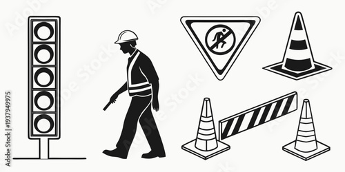 A man walking past various road signs and traffic signals in a construction zone Vector