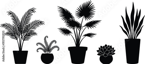 Tropical houseplant silhouette vector set, indoor potted plants collection, botanical foliage decor illustration isolated on white background