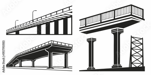 Diverse architectural structures showcasing various bridge designs and supports Vector